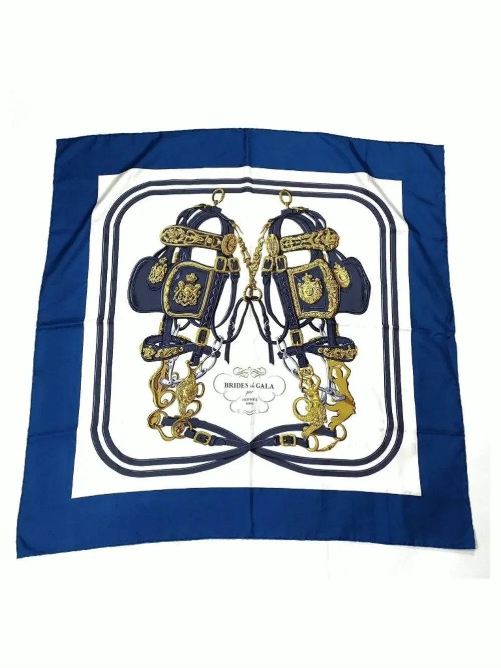 Authentic Hermès Brides de Gala Silk Scarf Blue Gold Equestrian Print Square 90 - Picture 2 of 10